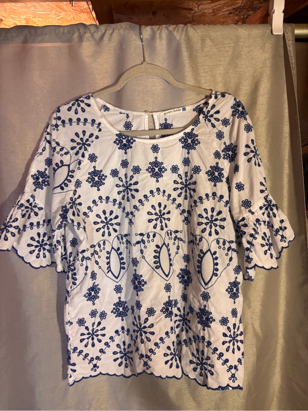White Cotton Embroidered Blouse with Navy Floral Motif - Women's Top